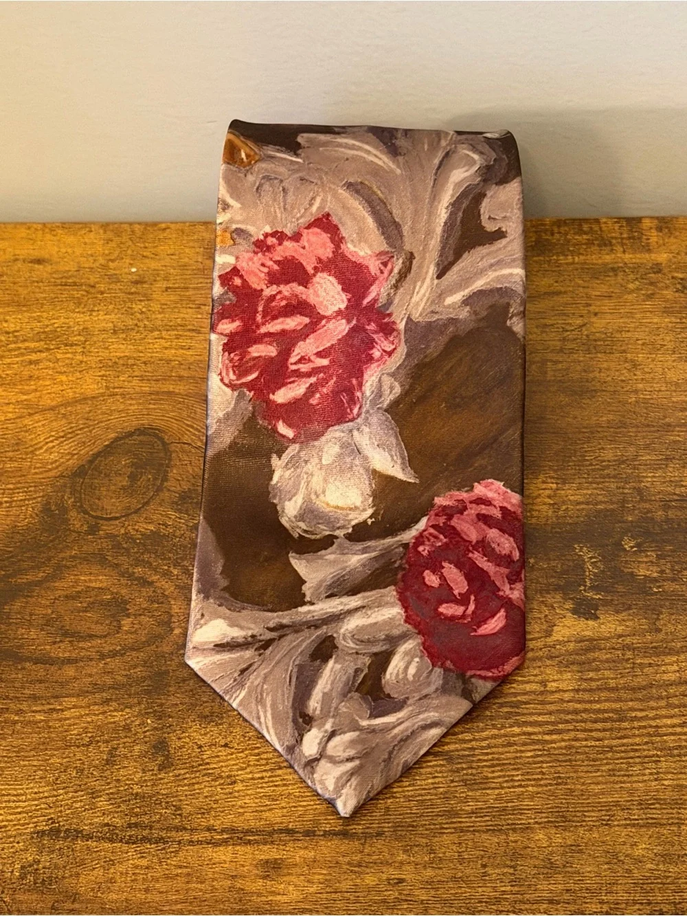 Wembley Vintage Floral Necktie 57” Burgundy Brown Gray Rose Print Wide Tie